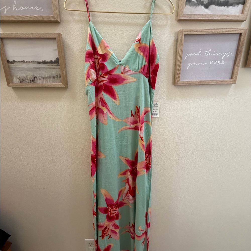 Floral Slip Maxi Dress — Mint with Pink Floral